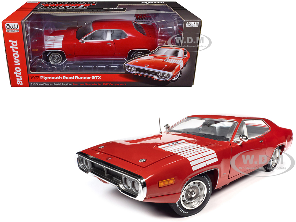 Image of 1972 Plymouth Road Runner GTX Rallye Red with White Stripes and Interior "American Muscle" Series 1/18 Diecast Model Car by Auto World