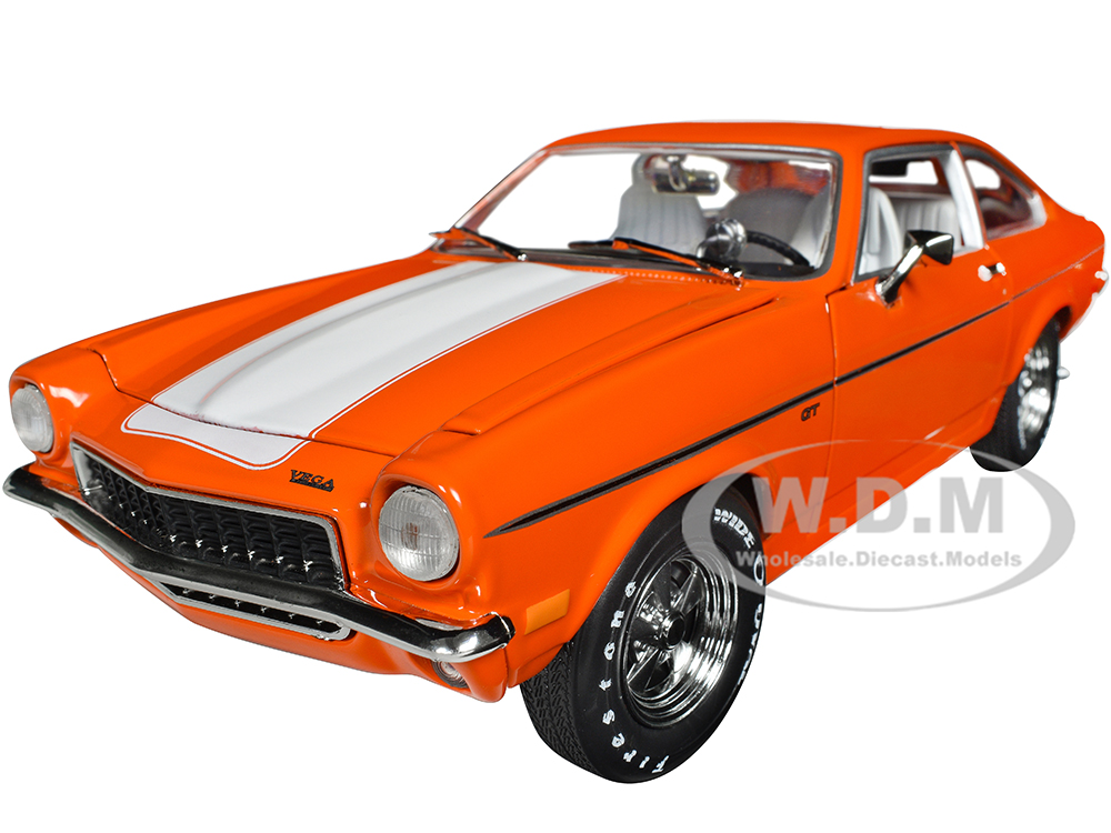 Image of 1973 Chevrolet Vega GT Bright Orange with White Stripes and Interior "Class of 1973" "American Muscle" Series 1/18 Diecast Model Car by Auto World
