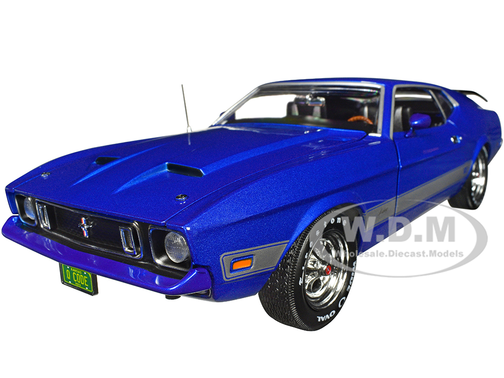 Image of 1973 Ford Mustang Mach 1 3K Blue Glow Metallic with Silver Stripes "Class of 1973" "American Muscle" Series 1/18 Diecast Model Car by Auto World