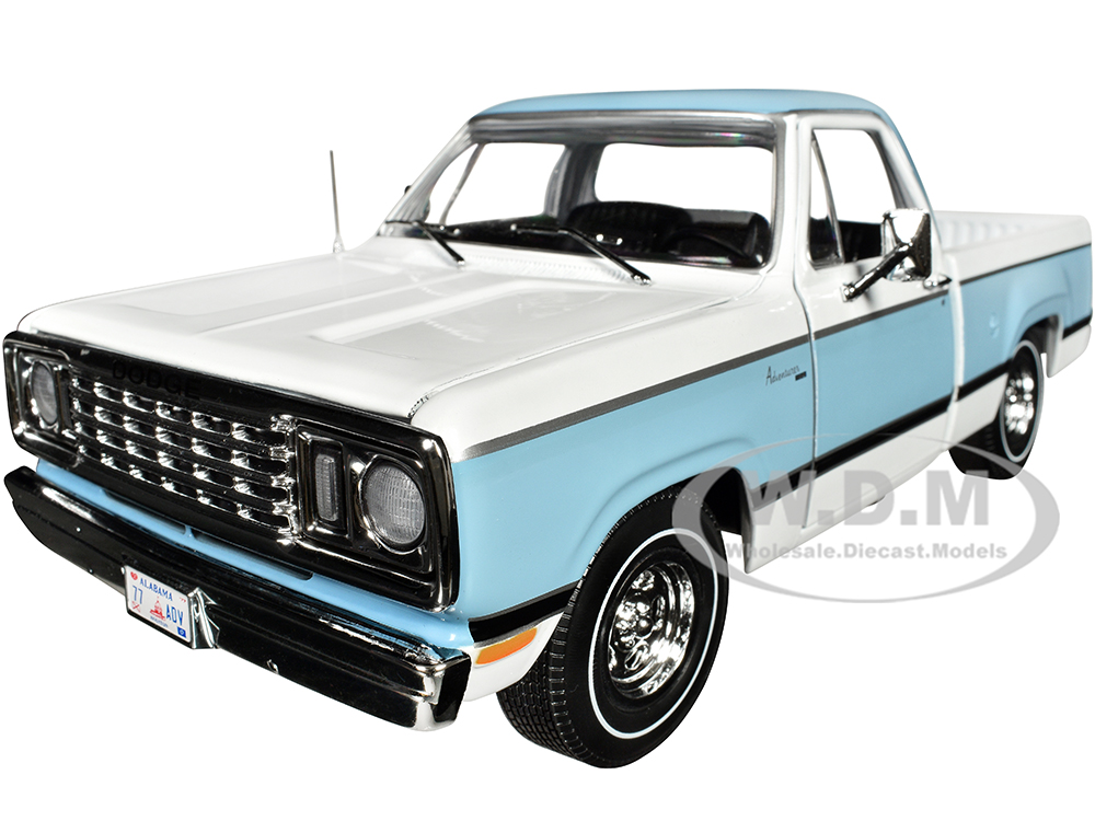 Image of 1977 Dodge D100 Adventurer Sweptline Pickup Truck Light Blue and White "American Muscle" Series 1/18 Diecast Model Car by Auto World