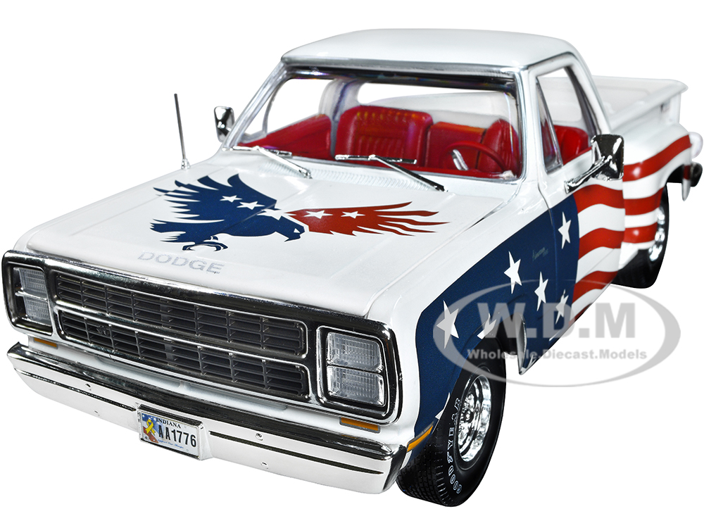 Image of 1980 Dodge D150 Adventurer Pickup Truck White with American Flag Graphics and Red Interior 1/18 Diecast Model Car by Auto World