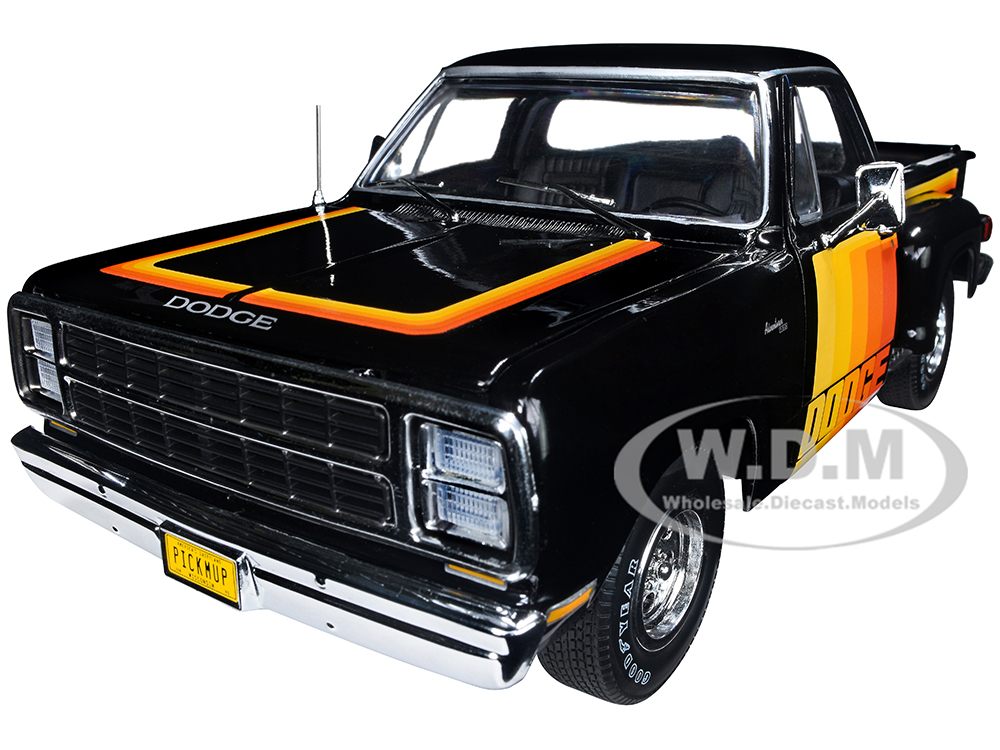 Image of 1980 Dodge D150 Pick-M-Up Utiline Pickup Truck Black with Stripes 1/18 Diecast Model Car by Auto World