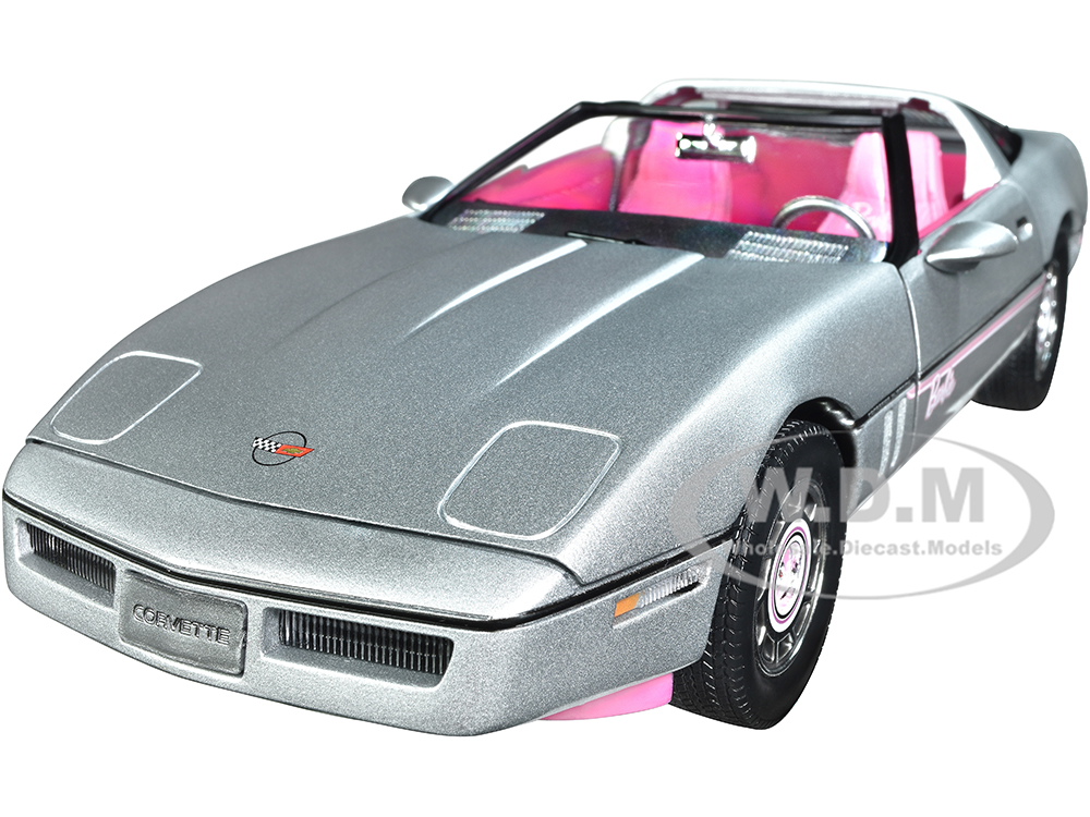 Image of 1986 Chevrolet Corvette Convertible Silver Metallic with Pink Interior "Barbie" "Silver Screen Machines" 1/18 Diecast Model Car by Auto World