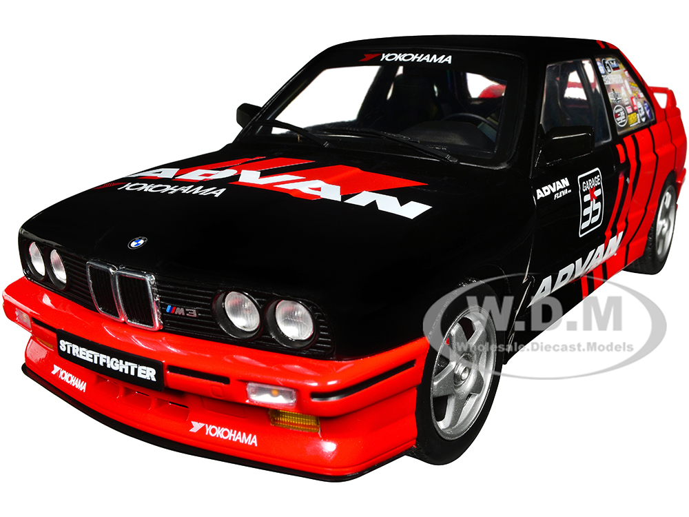 Image of 1990 BMW E30 M3 Black and Red with Graphics "ADVAN Drift Team" "Competition" Series 1/18 Diecast Model Car by Solido