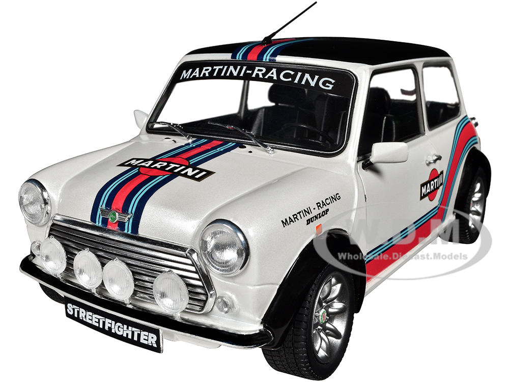 Image of 1998 Mini Cooper Sport White Metallic with Black Top and Stripes "Martini Racing" 1/18 Diecast Model Car by Solido