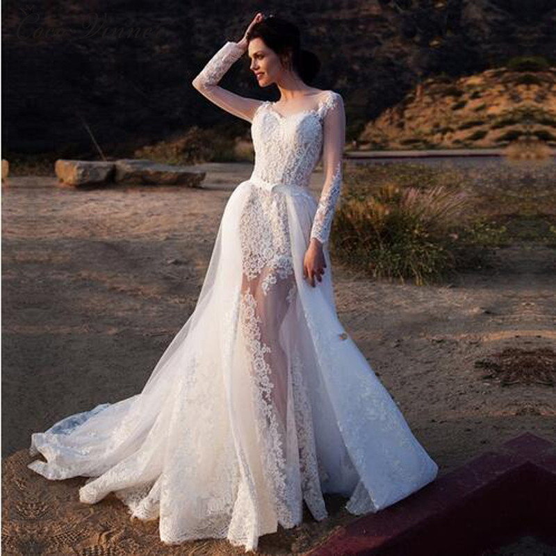 Image of 2 In 1 Long Sleeve Illusion Sexy Mermaid Wedding Dresses With Detachable Train Fashion Europe Style Dress
