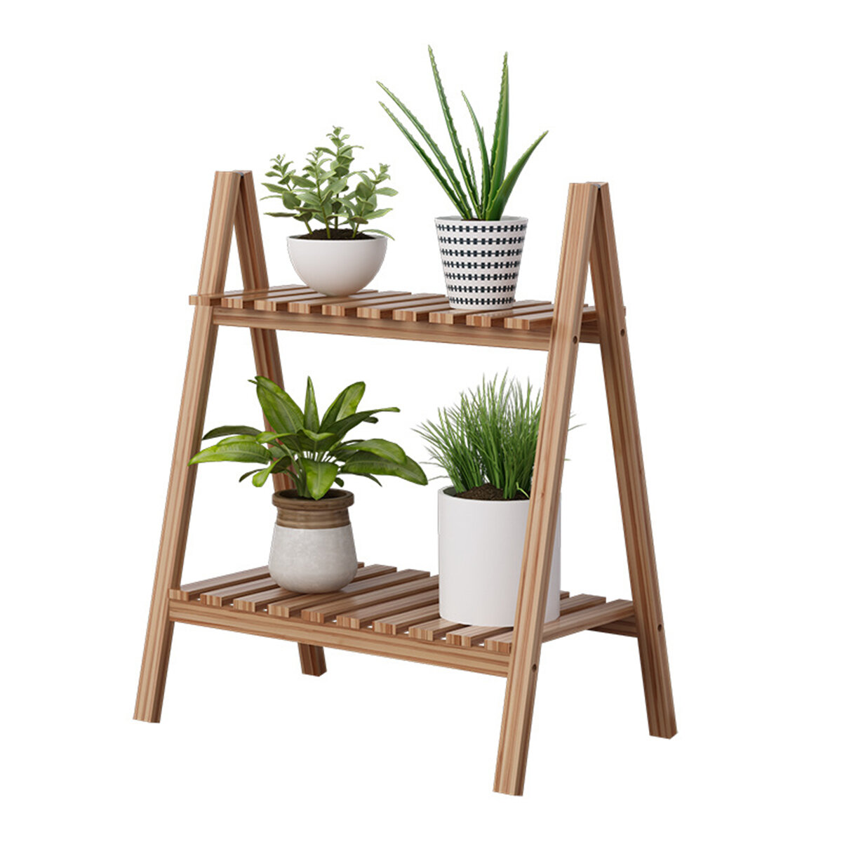 Image of 2 Layers Flower Racks Foldable Wood Plant Stand A-shape Indoor Landing Shelf for Home Balcony