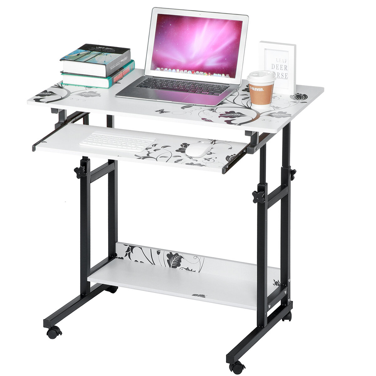 Image of 2 Layers Mobile Laptop Desk Cart Rolling Notebook Computer Stand Height Adjustable Bedside Table with Keyboard Tray Whee