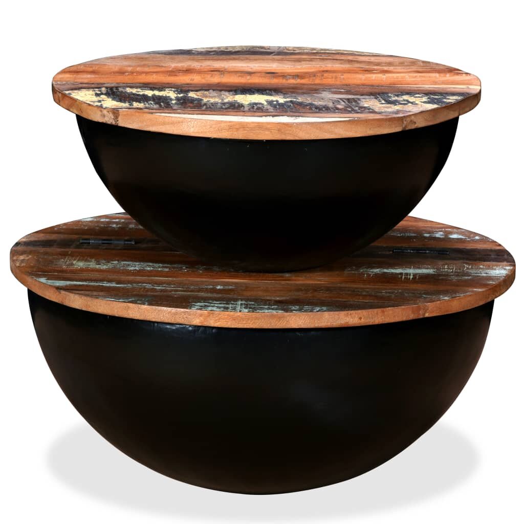Image of 2 Piece Coffee Table Set Solid Reclaimed Wood Black Bowl Shape