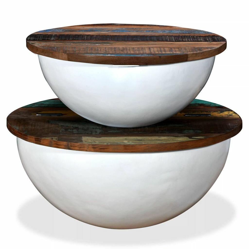Image of 2 Piece Coffee Table Set Solid Reclaimed Wood White Bowl Shape