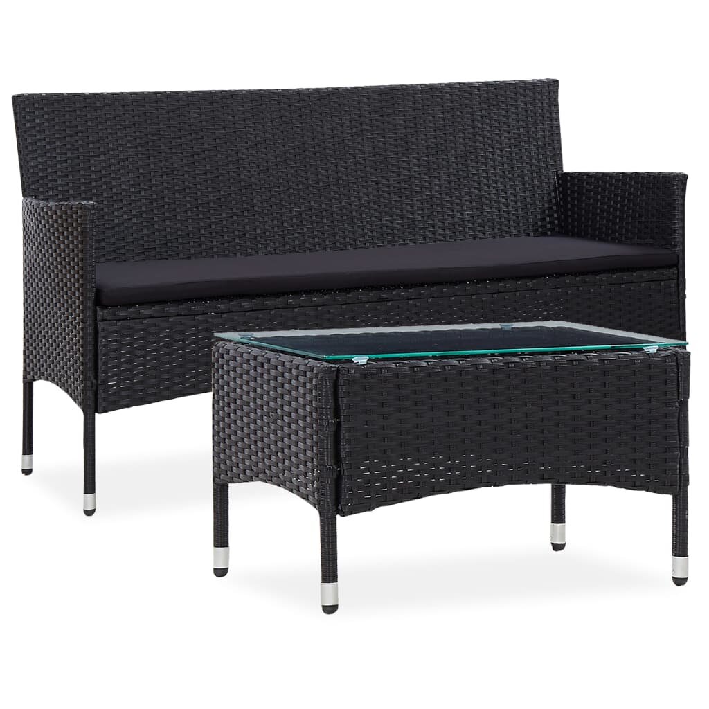 Image of 2 Piece Garden Lounge Set with Cushion Poly Rattan Black