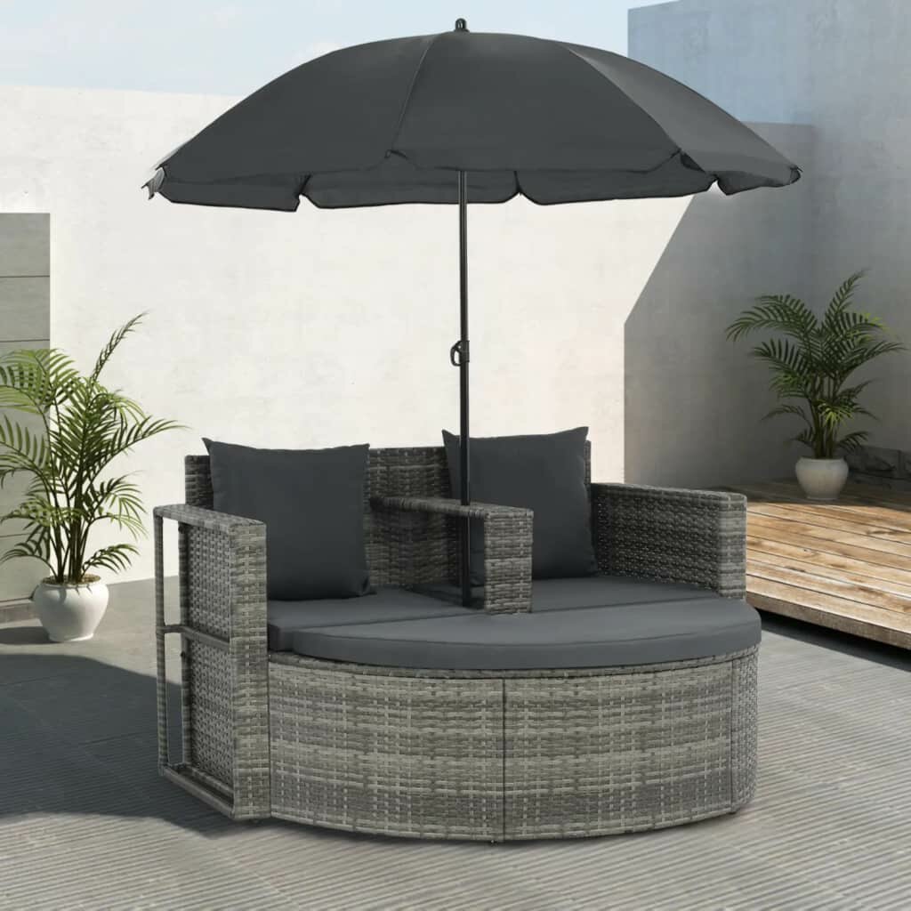 Image of 2 Seater Garden Sofa with Cushions and Parasol Gray Poly Rattan