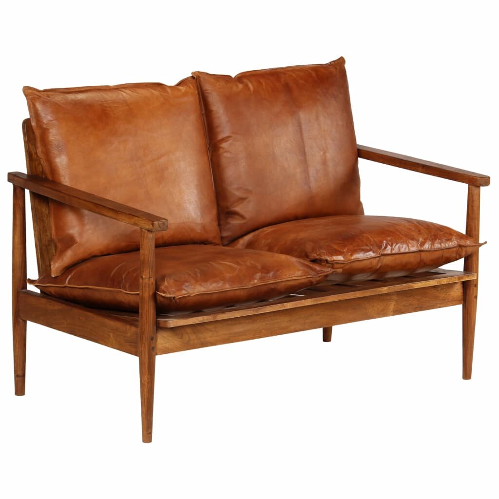 Image of 2-Seater Sofa Real Leather with Acacia Wood Brown