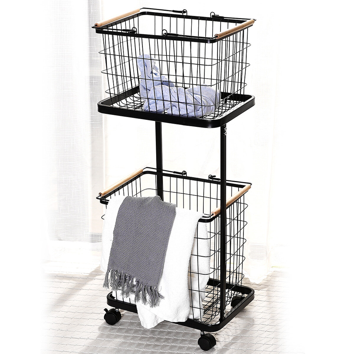 Image of 2 Tiers Laundry Basket Cart Household Clothes Storage Organizer Movable Layered Rack Storage Shelf