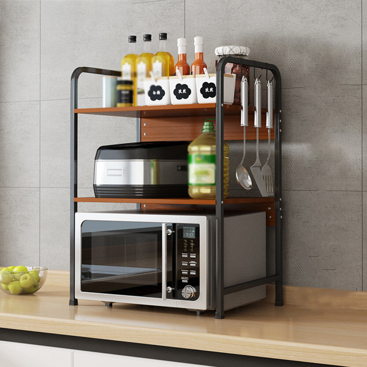 Image of 2 Tiers Microwave Oven Rack Stand Storage Shelf Kitchen Storage Bracket Space Saving Kitchen Organizer with Hooks