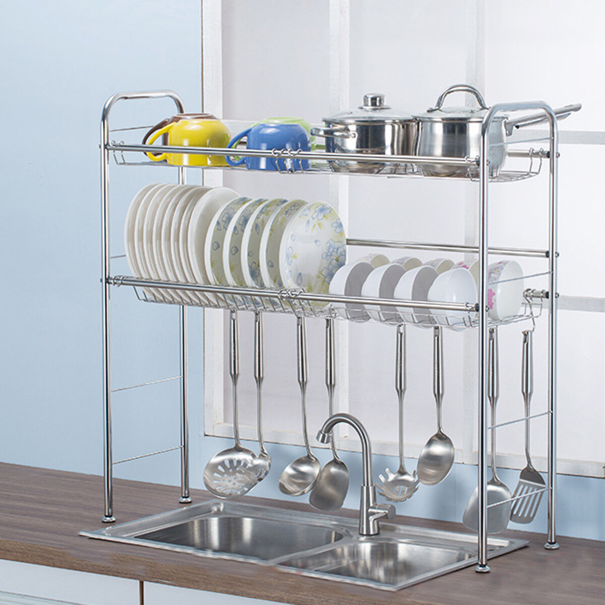 Image of 2 Tiers Stainless Steel Dishes Rack Dual Sink Drain Rack Adjustable Multi-use Kitchen Organizer Rack Dish Shelf Sink Dry