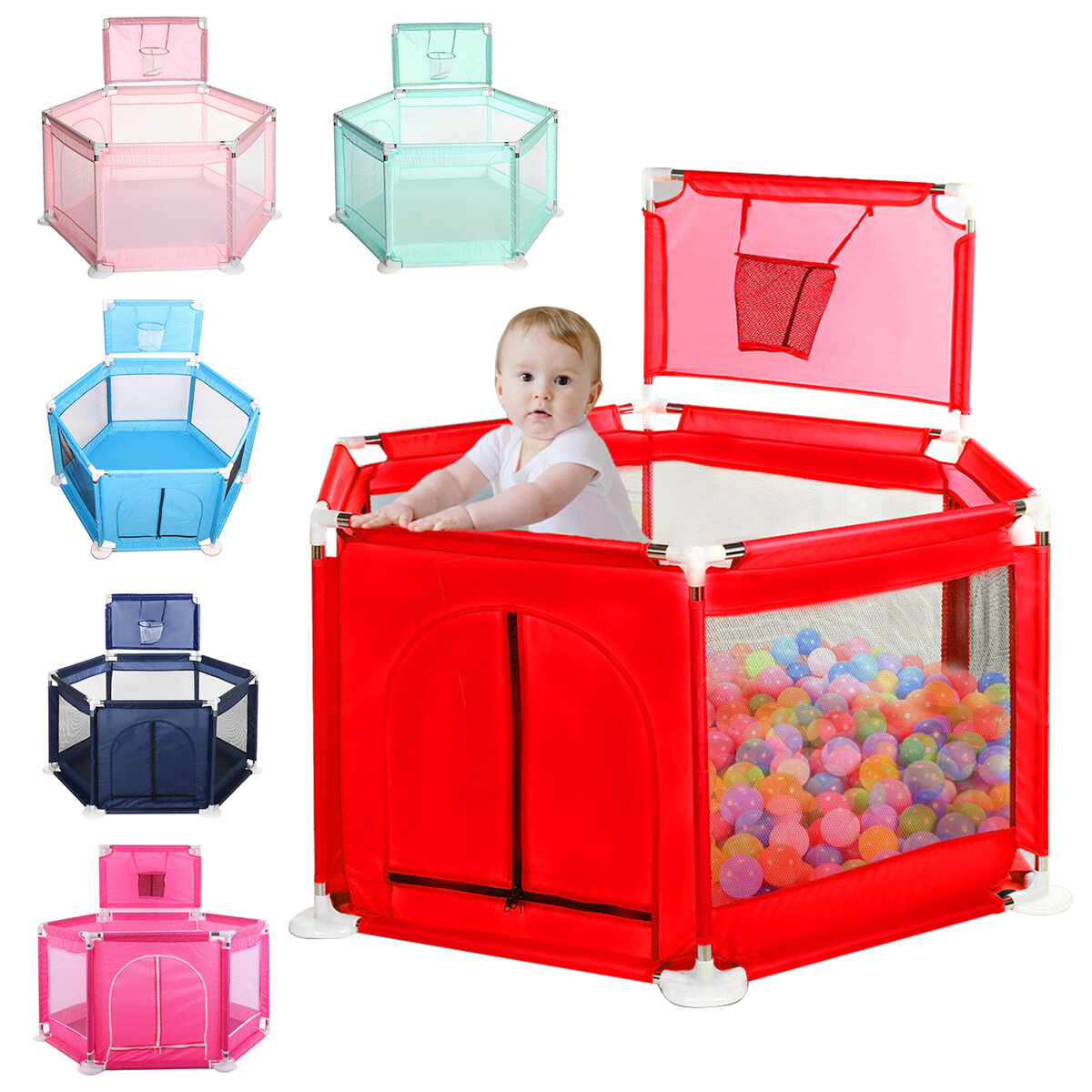 Image of 2 in 1 6-Sided Baby Playpen with ball frame Toddler Children Play Yardsfor Children Under 36 Months Tent Basketball Cour