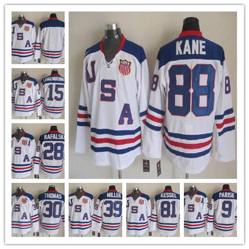 Image of 2010 Team USA Hockey Jerseys 9 Zach Parise 88 Patrick Kane 81 Phil Kessel 28 Brian Rafalski 39 Miller 15 Langenbrunner Sticthed Blue White Alternate