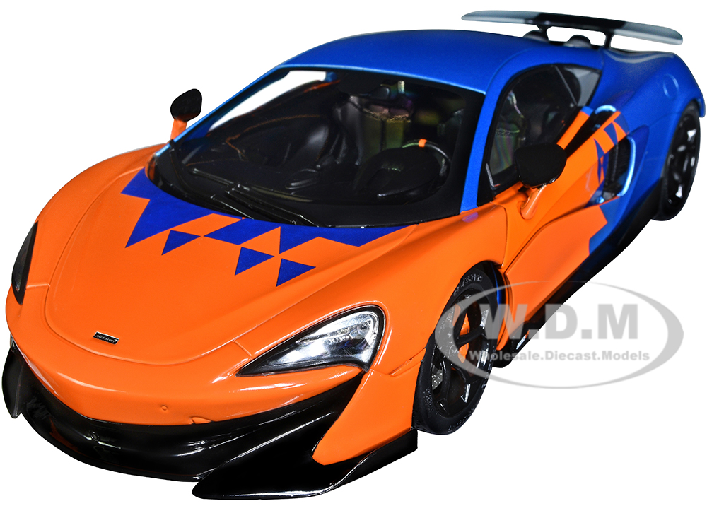 Image of 2019 McLaren 600LT Blue Metallic and Orange "Formula One Team Tribute" Livery 1/18 Diecast Model Car by Solido