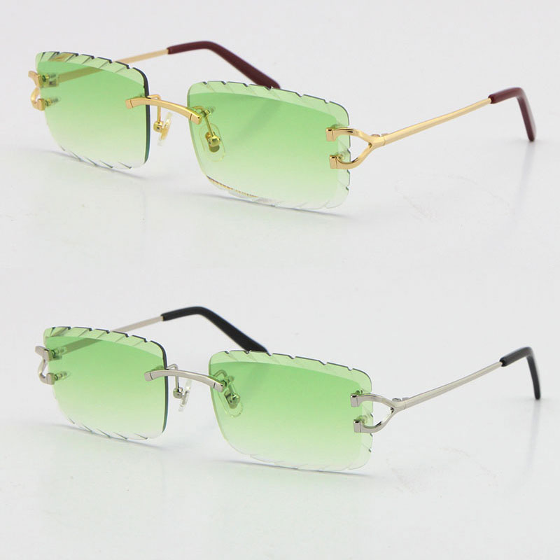 Image of 2021 Metal Style Rimless diamond Cut Carved lens Square Sunglasses C Decoration Fashion male and female 18K Gold With box Sun Glasses Fanciful Eyewear
