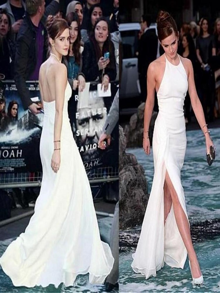Image of 2021 New Elegant Emma Watson Celebrity Dresses Halter Neck Backless White Chiffon Side-split Floor-Length Evening Prom robe soirÃ©e de mariage