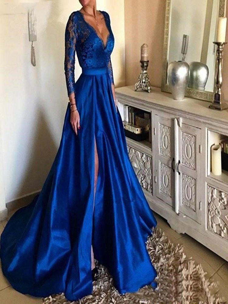 Image of 2021 Royal Blue Plunging V-Neck Lace Long Prom Dresses High Split Long Sleeves Satin Evening Gowns Plus Size Sweep Train Vestidos De Festa