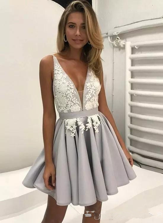 Image of 2021 Spaghetti Straps Short Homecoming Dresses Backless Lace Applique With Ruched Satin Prom Gowns Cocktail Party