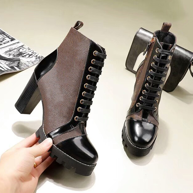 Image of 2021 new fashion luxury ladies thick heel boots casual all-match women&#039s short lace up Martin high heels 9CM high