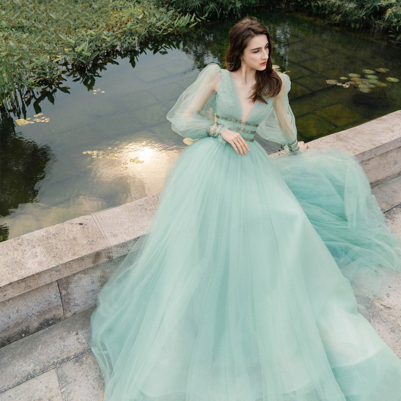 Image of 2022 Aqua V Neck Formal Evening Dress Long Puffy Sleeve Prom Dresses Beading Belt Gown Backless Party