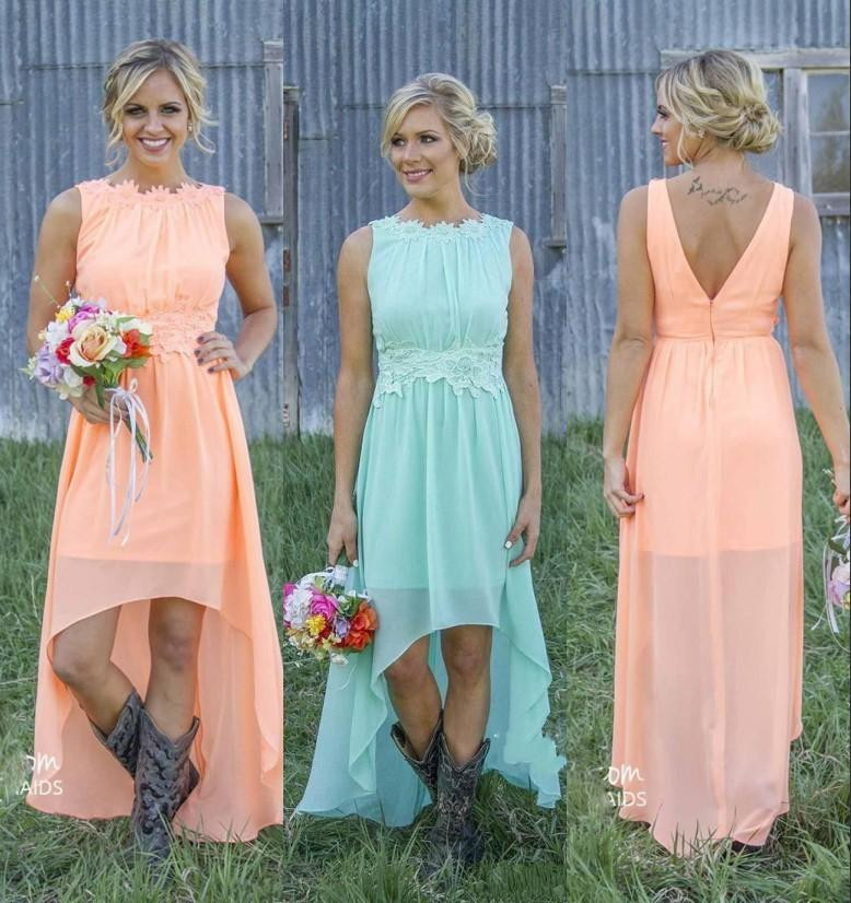 Image of 2022 Country Bridesmaid Dresses Bateau Backless High Low Chiffon Coral Mint Green Beach Maid Of Honor Dress For Wedding Party robes de soirÃ©e