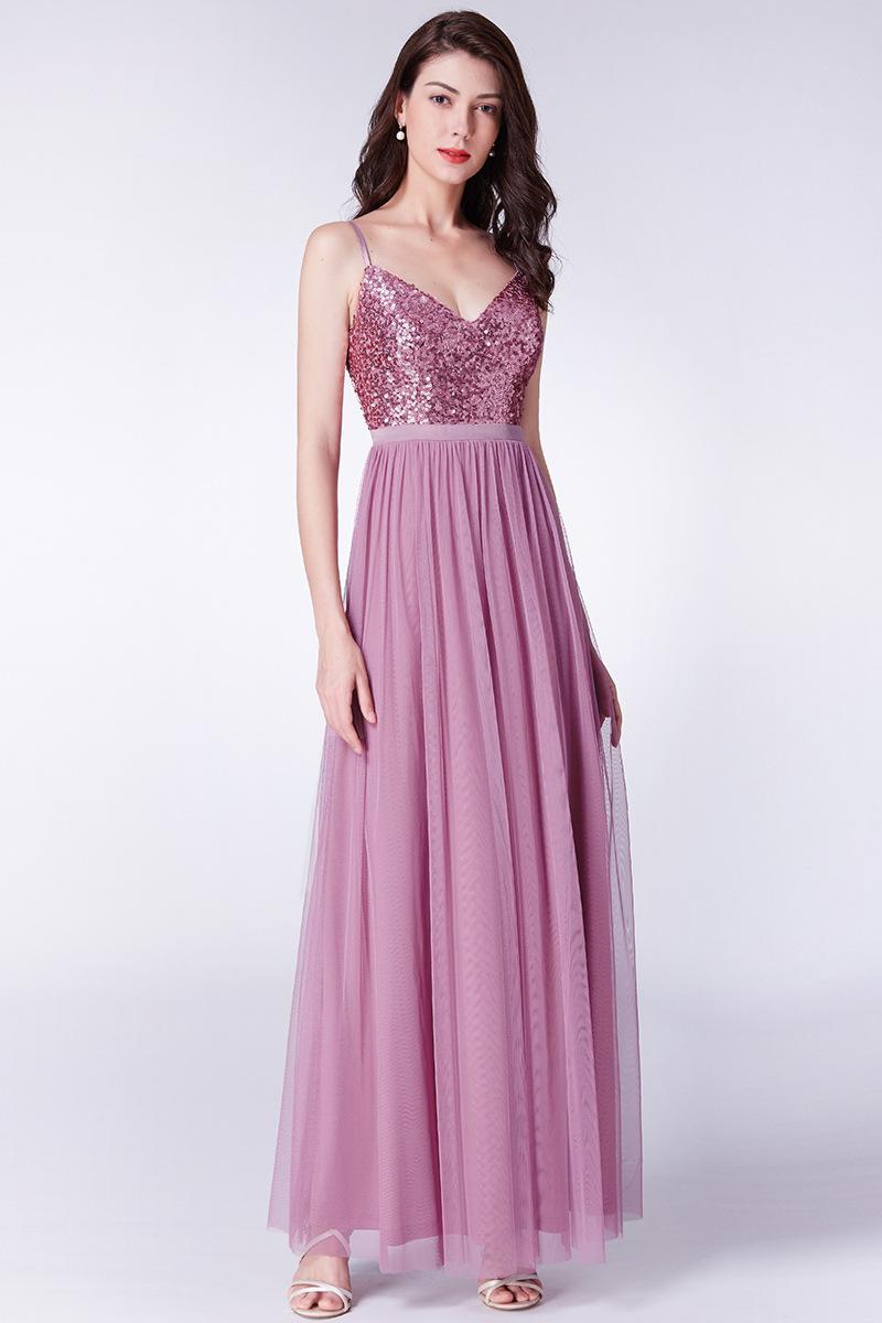Image of 2022 Evening Dresses Sequin Bridesmaid Chiffon Blush Pink Prom Maxi Skirt Party Gowns robes de soirÃ©e