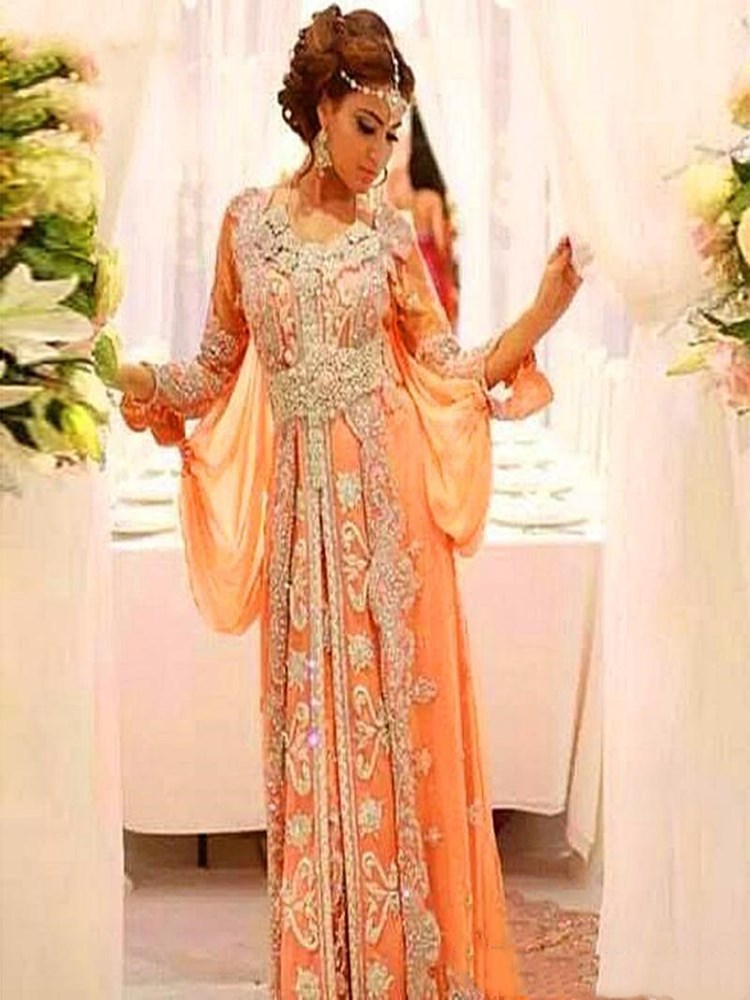 Image of 2022 Gorgeous Beaded Evening Dress Formal Abaya Dubai Moroccan Kaftans Long Sleeves Middle East Arabic Luxury Party Ball Celebrity