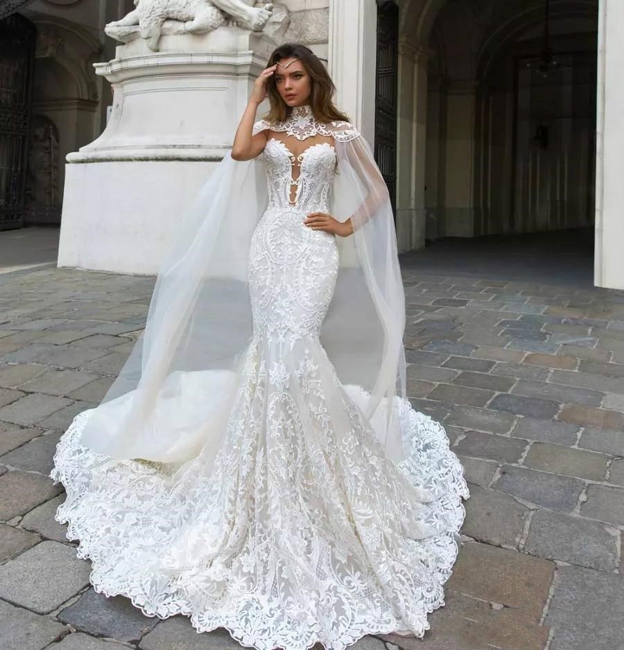 Image of 2022 Gorgeous Mermaid Lace Wedding Dresses Bridal With Cape Sheer Plunging Neck Bohemian Gown Appliqued Plus Size