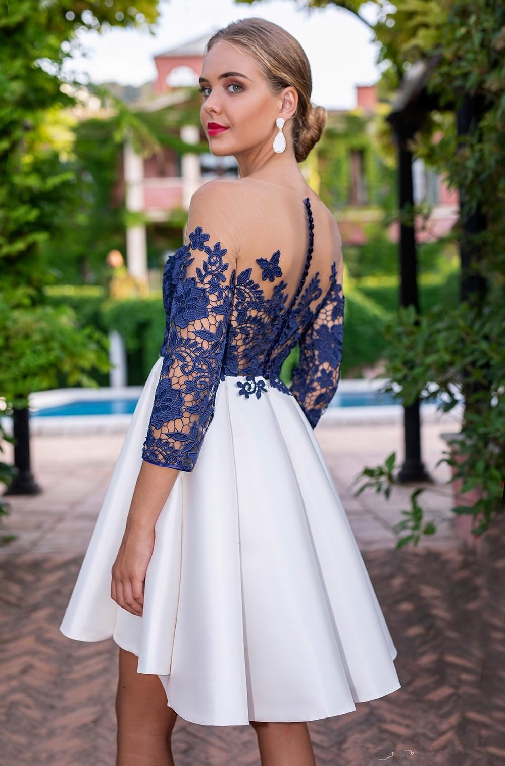 Image of 2022 Lace Homecoming Dresses With Illusion Long Sleeves V-Neck Short Formal Party Prom Gowns Mini Modern Special robes de soirÃ©e