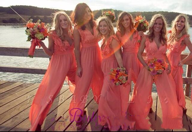 Image of 2022 New Arrival Chiffon Coral Bridesmaid Dress Long Jumpsuits V Neck Plus Size Beach Wedding Guest Party prom Dresses