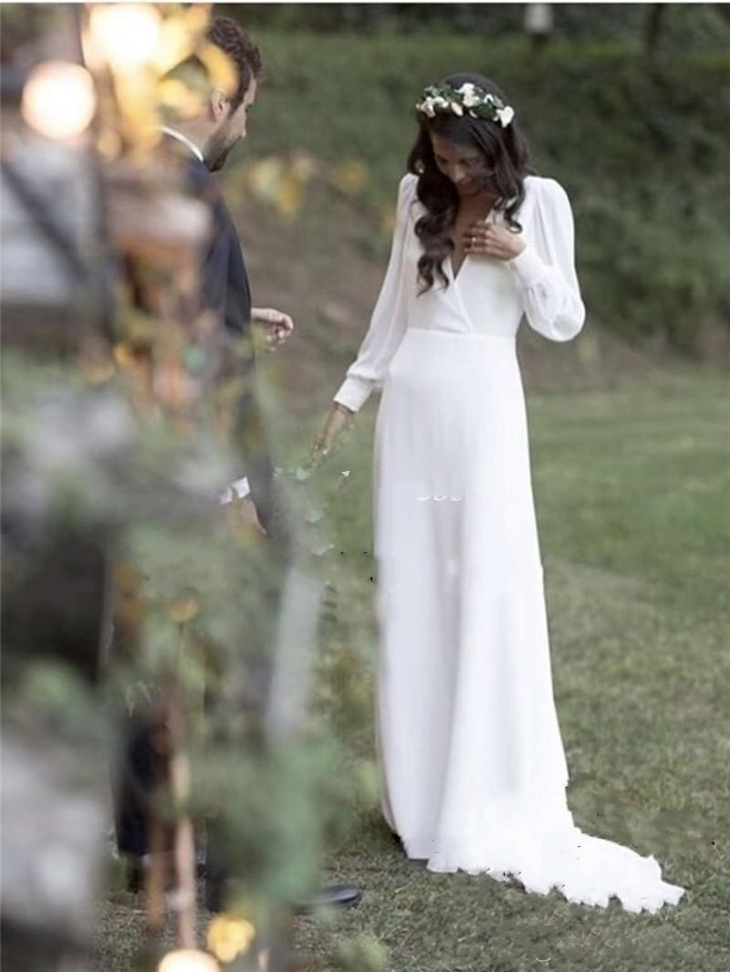Image of 2022 New Bohemian Sheath White Wedding Dresses V Neck Backless Sweep Train Chiffon Beach Garden Country Bridal vestido de novia Plus Size