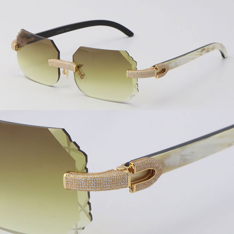 Image of 2022 New Micro-paved Sunglasses Rimless Diamond set Sun glasses Black Mix White Genuine Natural Buffalo Horn Frame Men Women with C Decorati