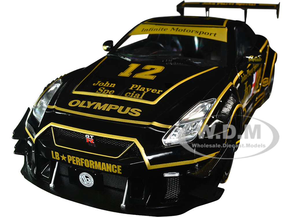 Image of 2022 Nissan GT-R (R35) RHD (Right Hand Drive) "Liberty Walk Type 2" Body Kit 12 Black "John Player Special" "Competition" Series 1/18 Diecast Model C