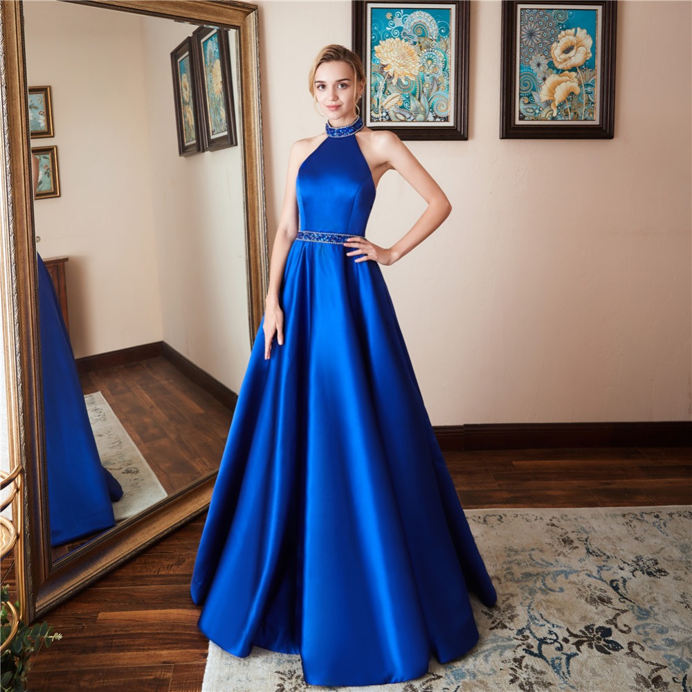 Image of 2022 Robe De Soiree Luxury Blue Evening Dresses Arrival 2 Pieces A Line Puffy Beaded Long Prom Party