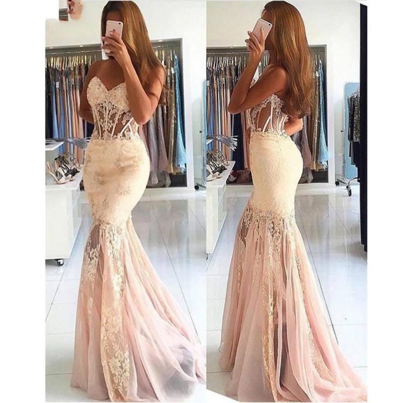 Image of 2022 See Through Prom Dresses Mermaid Sweetheart Tulle Lace Beaded Party Maxys Long Gown Evening Robe De Soiree