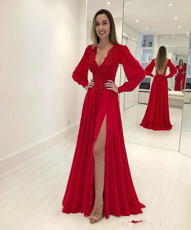 Image of 2022 Sexy Red A Line Chiffon Prom Dress Deep V Neck Long Sleeves Lace Appliques Dresses Evening Wear Formal Occasion Gowns