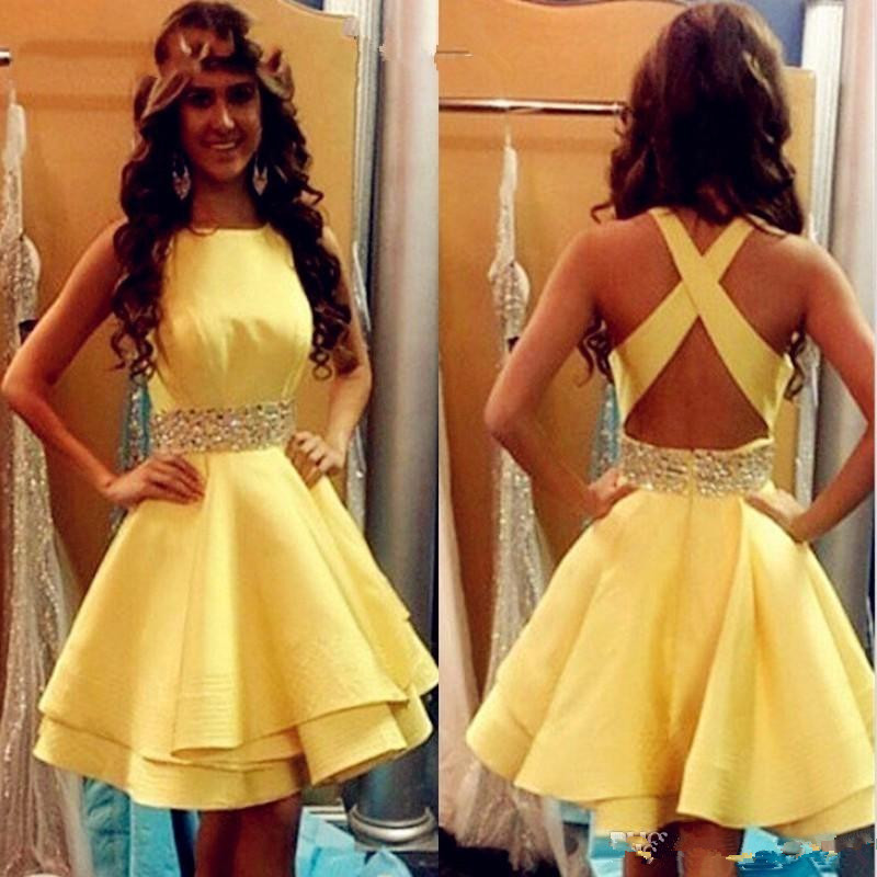 Image of 2022 Sexy Special Yellow Prom Dresses Short Girls Satin Beaded Ribbon Cocktail Party Gowns Criss Cross Junior Graduation Homecoming robes de soirÃ©e