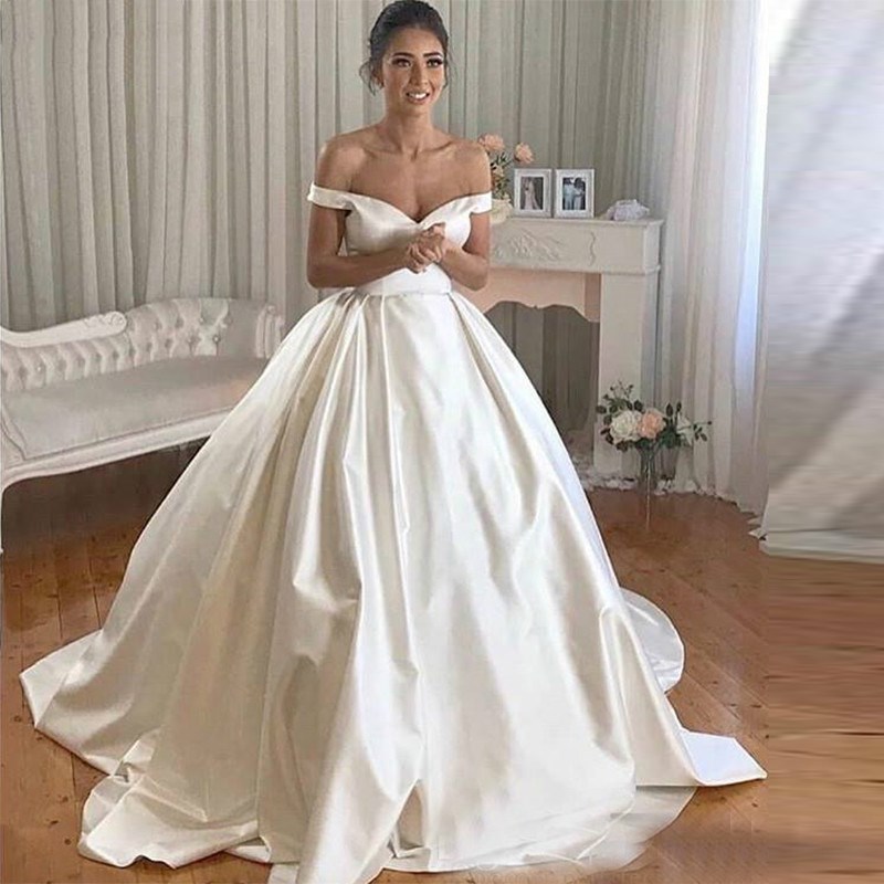 Image of 2022 Simple Satin Wedding Dresses Off The Shoulder Ball Gown Bride Dress Chapel Train Gowns Buttons Back Vestido De Noiva