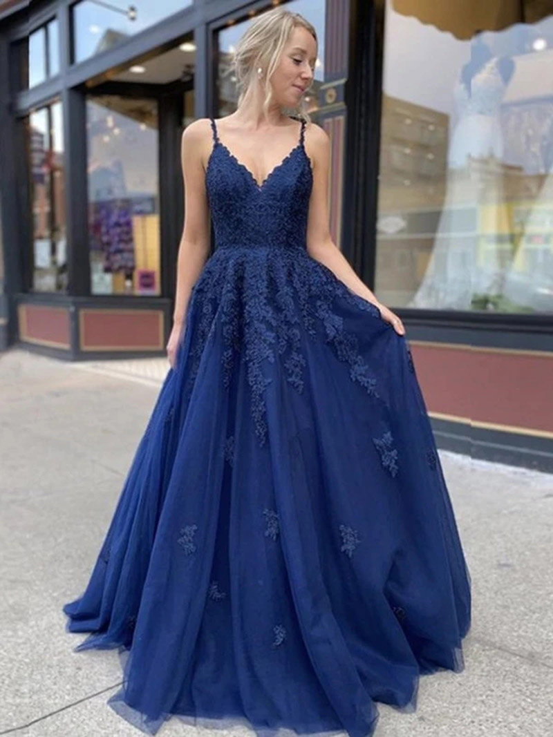Image of 2022 Stylish Royal Blue Lace Prom Dresses Long Spaghetti Strap V Neck Evening Gowns Formal Sexy Backless Prom Military Ball Gown