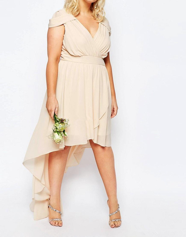 Image of 2022 Summer High Low Plus Size Beach Wedding Bridesmaid Dresses Short Sleeve Champagne Chiffon Maid of Honor Party Gowns Prom robes de soirÃ©e