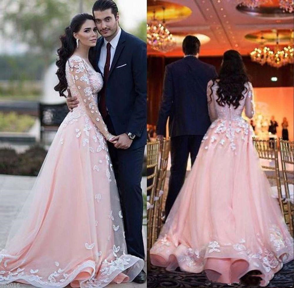 Image of 2022 Vestdios De Novia Sheer Long Sleeves Arabic Prom Dresses Scoop Neck Over skirts Train Lace Appliques Pink Tulle Formal Evening Gowns