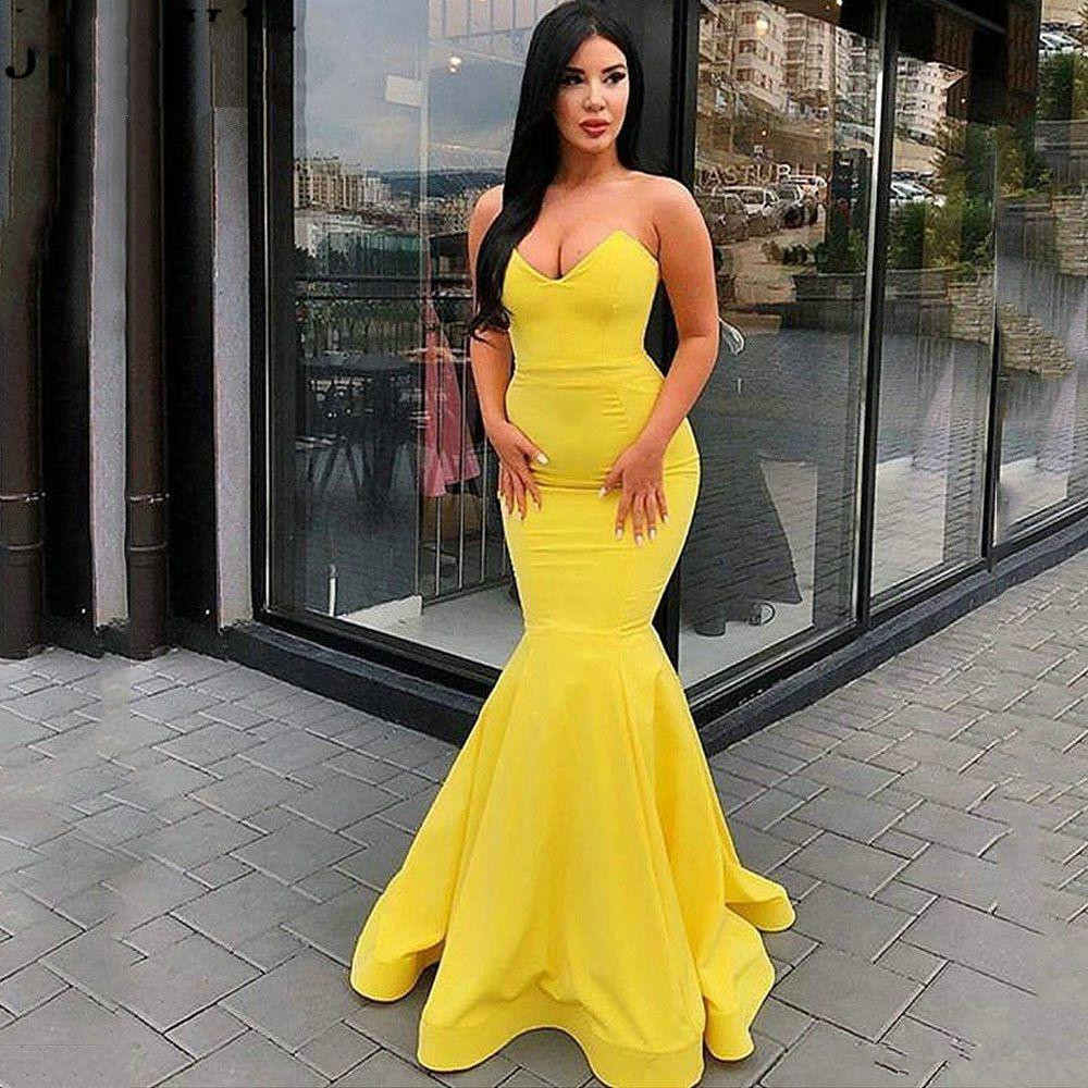 Image of 2022 Yellow Robe De Soiree Mermaid Dresses Sweetheart Satin Backless Sexy Long Prom Gown Evening Praty For Women
