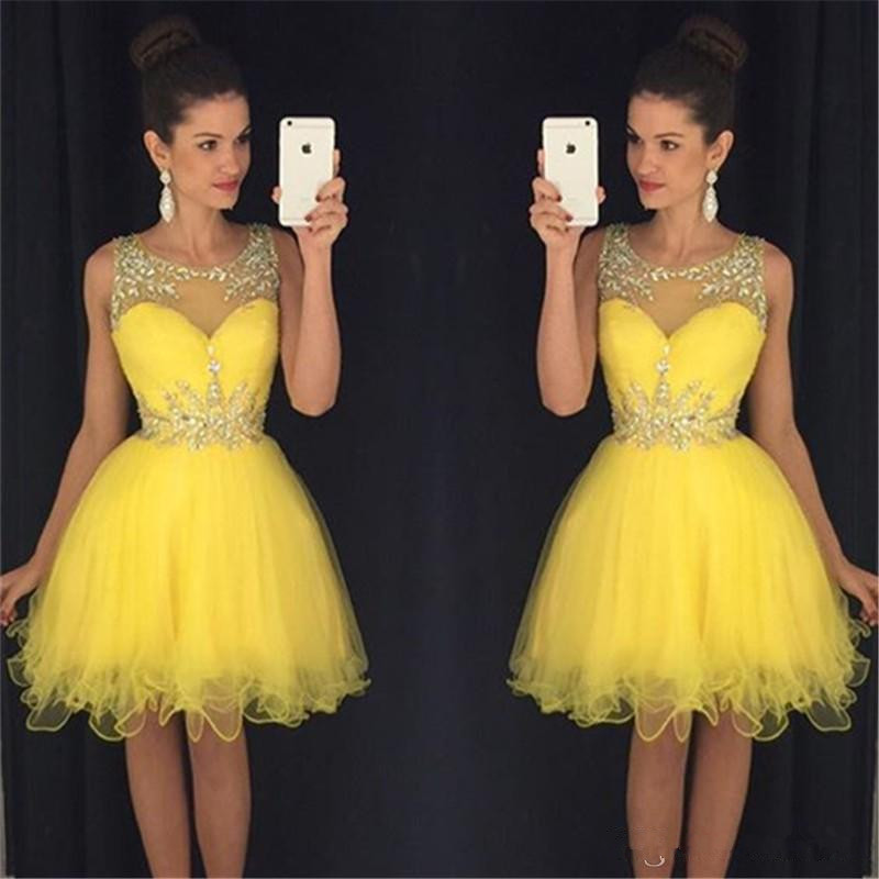 Image of 2022 Yellow Short Homecoming Dresses Sheer Neck Crystals Beads Modest Green Knee Length Prom Cocktail Party Gowns Real Images
