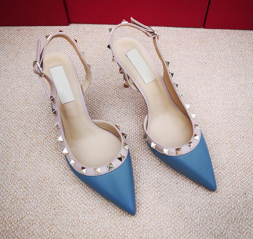 Image of 2022-fashion women pumps shoes Casual Designer Gold leather studded spikes slingback high heels shoes