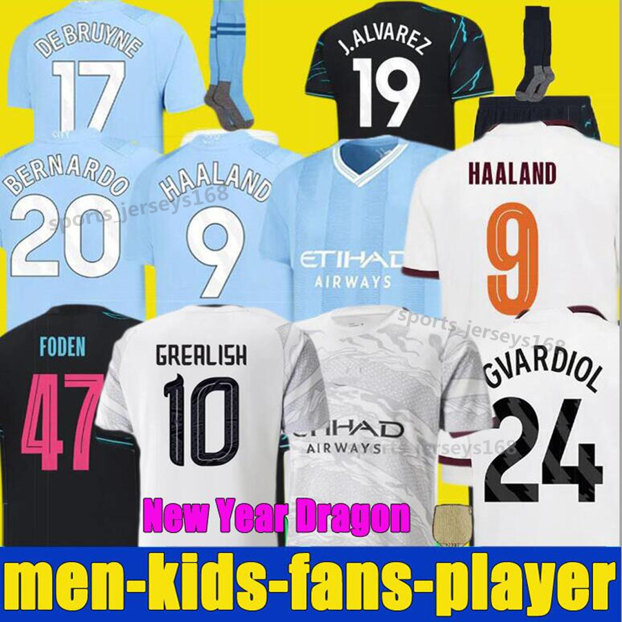 Image of 2023 2024 HAALAND Soccer Jerseys sets 23 24 MaNS CiTIeS men Kids Kit DE BRUYNE Football Shirts Chinese DRAGON New Year ALVAREZ GREALISH GVAR
